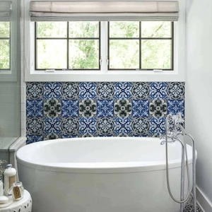 Blue mandala tile stickers for bathroom walls featuring waterproof vintage patterns