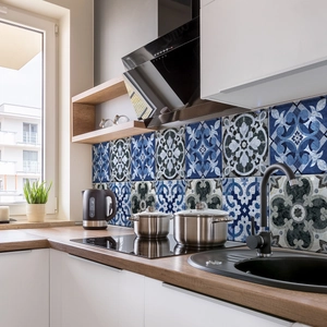 Mediterranean blue marble pattern kitchen backsplash tile stickers with waterproof finish