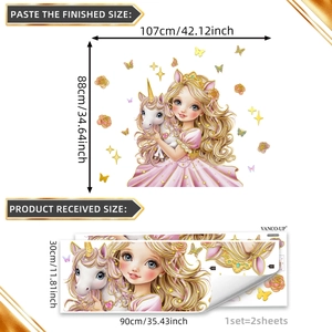 Pink unicorn and princess wall decals for kids room with gold foil floral patterns