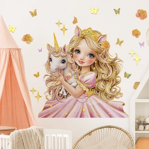 Pink Unicorn Princess Wall Stickers Gold Stamping PVC Waterproof Self Adhesive Decals For Kids Girls Bedroom Nursery