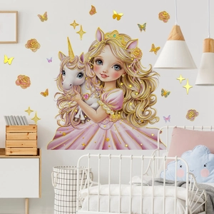 Pink princess and unicorn wall decals with gold stars for girl's bedroom decor