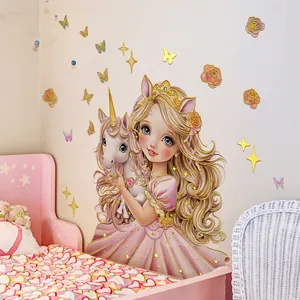 Pink princess and unicorn wall stickers with gold stars and roses for girls room decor