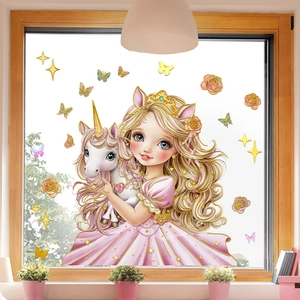 Pink princess and unicorn wall decal with stars for kids bedroom wall decoration