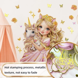 Detail of pink unicorn princess wall decal with hot stamping gold stars and floral texture