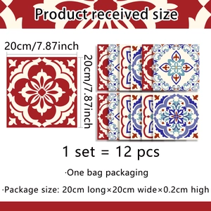 Detail view showing 20x20cm mandala tile stickers set with dimensions and packaging info