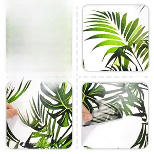 Macro detail of tropical plant wall stickers with clear PET texture and Monstera leaf patterns