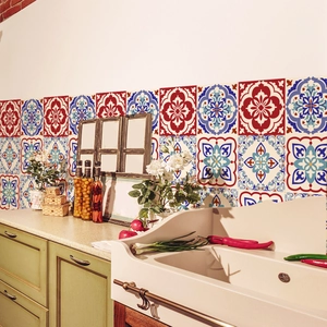 Detailed view of Moroccan style self-adhesive tile stickers in a kitchen background setting