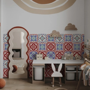 Detail of vintage geometric marble pattern tile stickers in a cozy nursery room setting