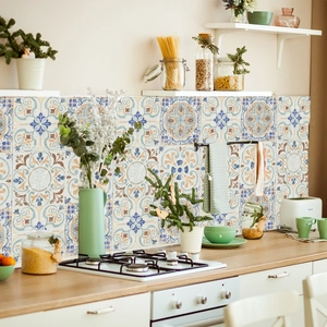 Mediterranean mandala pattern tiles for kitchen backsplash decoration in blue and orange