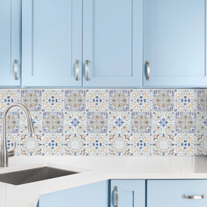 Detail of vintage bohemian marble patterns on a kitchen backsplash wall sticker