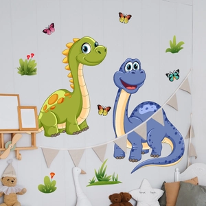 Cartoon dinosaur wall stickers with butterflies and plants for kids bedroom decoration