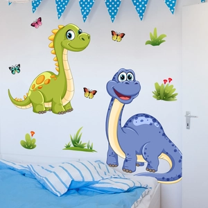 Cartoon dinosaur wall stickers with green and blue dinosaurs for kids bedroom decor