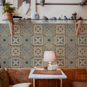Moroccan style marble texture wall tiles featuring geometric patterns in beige and teal