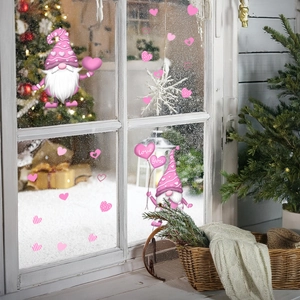 Pink gnome window stickers with heart balloons for cozy Christmas home decoration