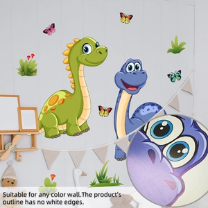 Detailed view of matte cartoon dinosaur wall stickers featuring a no white edge design