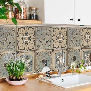 Moroccan geometric tile stickers on kitchen backsplash with wood countertop