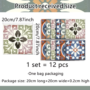 Detail of 12-piece set of geometric floral tile stickers in 20x20cm size for kitchen decor