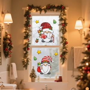Detail of festive Christmas gnome static stickers on glass window with stars and trees