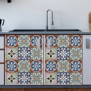 Close-up of vintage geometric tile stickers applied on modern kitchen cabinet panels