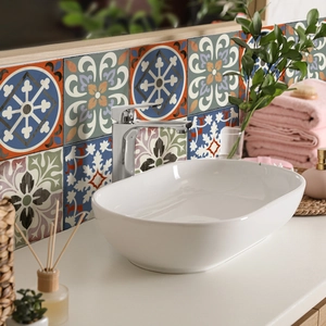 Moroccan-style tile stickers in a bathroom set with geometric patterns and back adhesive