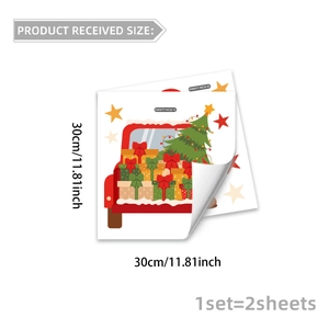 Detail showing two 30x30cm Christmas window stickers with red truck and gift designs