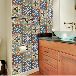 Modern bathroom setting with vintage mandala style marble pattern decorative wall stickers