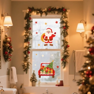 Detailed view of Santa Claus and red gift truck static window stickers in home setting