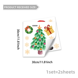 Size chart showing 30x30cm watercolor Christmas tree gnome window stickers with 2 sheets per set