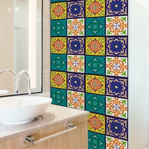 Detailed view of colorful vintage marble patterns on waterproof bathroom tile stickers