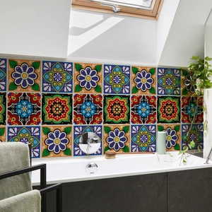 Macro shot of colorful Talavera style waterproof tile stickers on a bathroom wall