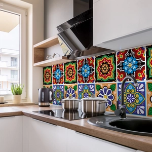 Detail of Mediterranean floral peel and stick tile stickers on kitchen backsplash