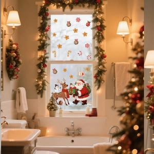 Detailed view of Christmas window clings with Santa, reindeer and snowman decals
