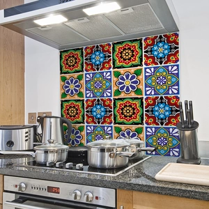 Detailed view of mandala floral kitchen tiles with vibrant red, blue, and yellow colors