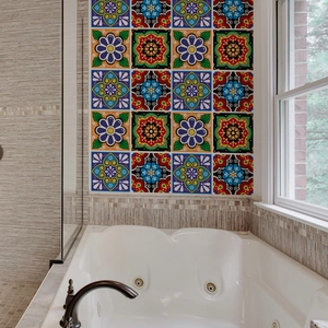 Close-up of colorful mandala patterns on self-adhesive tile stickers for home decor