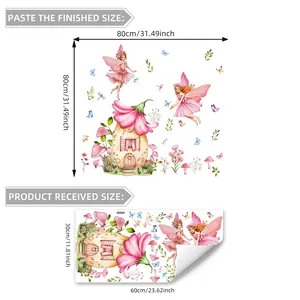 Dimensions détaillées pour stickers muraux fée rose et maison fleurie en 30x60cm