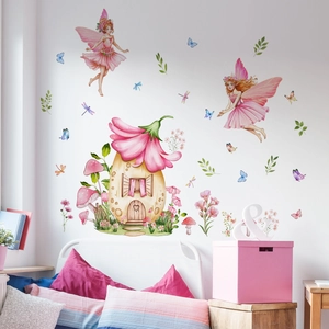 Détail de stickers muraux maison fleur de fée rose de style aquarelle pour chambre d'enfant