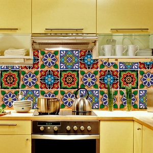 Detail of waterproof Bohemian tile stickers on kitchen wall showing mandala patterns