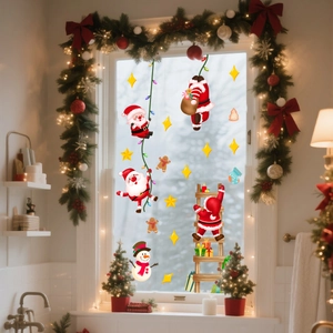 Cozy window display featuring festive Santa, snowman and gnome static cling stickers