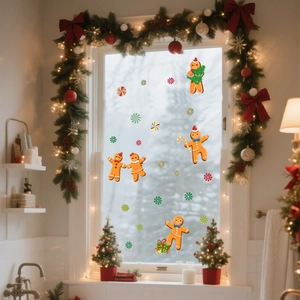 Detail of cute gingerbread man window stickers and candy decals for Christmas decor