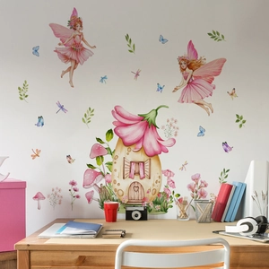 Stickers muraux fée rose et maison fleurie style aquarelle pour décoration de chambre