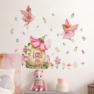 Stickers Muraux Fée Rose Aquarelle Maison de Fleurs Dessin Animé Décalcomanies pour Chambre de Fille Pouponnière Décoration PVC Amovibles