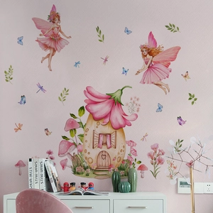 Détail de stickers muraux maison de fée et fleurs pour décoration murale chambre enfant
