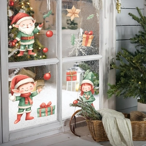 Detailed Christmas gnome window stickers with snowflakes and festive red gift box accents