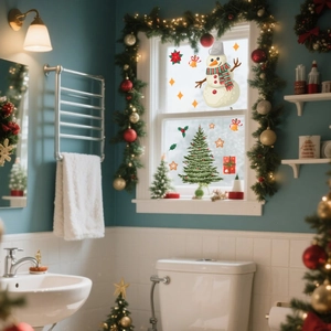 Detailed Christmas window stickers with snowman, tree, and bells on a cozy bathroom glass pane