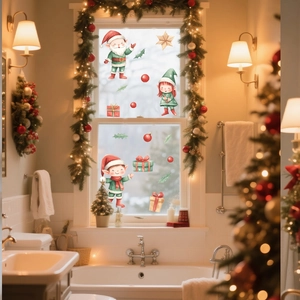 Detailed Christmas window stickers featuring hand-drawn Santa elves and gift boxes on glass