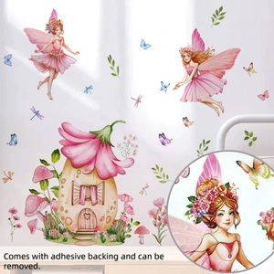 Détail du sticker mural fée maison fleurie avec support adhésif et design amovible