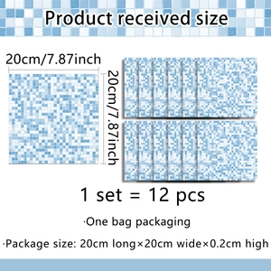 Detail showing 12-piece pack of blue mosaic adhesive wall tiles, each 20x20cm size