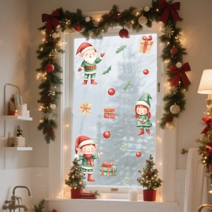 Christmas window decals with Santa gnomes and stars on glass for holiday decor