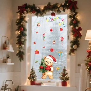Christmas window decals with cute bears and snowflakes on a festive glass background
