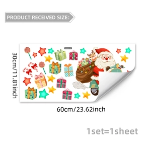 Detailed size chart showing a 30x60cm Santa and reindeer static Christmas window sticker